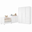 Quarto completo com Guarda Roupa 3 Portas e 4 Gavetas + Cômoda 2 Portas e 4 Gavetas + Berço Mini Cama Pérola Branco - Ph