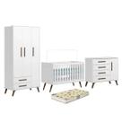 Quarto Completo De Bebê 4 Peças Berço Colchão Armário E Cômoda Retrô Branco Acetinado