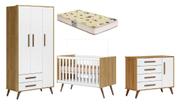 Quarto Completo De Bebê 4 Peças Berço Colchão Armário E Cômoda Retrô Branco Freijó