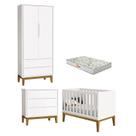 Quarto de Bebê 2 Portas e Cômoda Gaveteiro New Classic Branco com Pés Madeira e Colchão Gazin Reller
