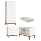 Quarto de Bebê 2 Portas e Cômoda Gaveteiro New Classic Branco com Pés Madeira e Colchão Gazin Reller