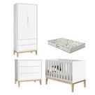 Quarto De Bebê 2 Portas E Cômoda Gaveteiro New Classic Branco Com Pés Madeira Natural E Colchão Gazin Reller