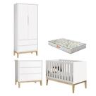 Quarto De Bebê 2 Portas E Cômoda Gaveteiro New Classic Branco Com Pés Madeira Natural
