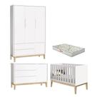 Quarto de Bebê 3 Portas New Classic Branco com Pés Madeira Natural e Colchão Gazin Reller