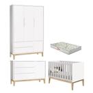 Quarto de Bebê 3 Portas New Classic Branco com Pés Madeira Natural e Colchão Gazin Reller