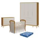 Quarto de Bebê 4 Portas com Cômoda com Porta Elfe Classic e Berço Americano Danny Areia Savana Acetinado Natural com Colchão Ortobom - Reller