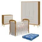 Quarto de Bebê 4 Portas com Cômoda Gaveteiro Elfe Classic e Berço Americano Danny Areia Savana Acetinado Natural com Colchão Ortobom - Reller