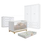 Quarto de Bebê Americano 4 Portas com Berço Americano Mini Cama Q Encanto Slim Branco Acetinado - Qmovi - Henn e Colchão Gazin