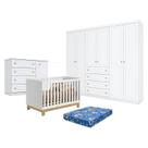 Quarto de Bebê Americano 6 Portas com Berço Americano Mini Cama Q Encanto Slim Freijó Branco Acetinado - Qmovi - Henn e Colchão Ortobom