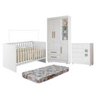 Quarto de Bebê Berço com Colchão, Cômoda 1 Porta 4 Gavetas e Roupeiro Flocos 3 Portas 2 Gavetas