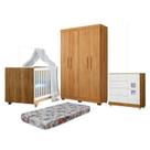 Quarto de Bebê Berço Mini Cama com Colchão, Cômoda 1 Porta 4 Gavetas e Roupeiro 4 Portas 3 Gavetas