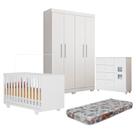 Quarto de Bebê Berço Mini Cama com Colchão, Cômoda 1 Porta 4 Gavetas e Roupeiro 4 Portas 3 Gavetas
