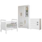 Quarto de Bebê Berço Mini Cama, Cômoda 1 Porta 4 Gavetas e Roupeiro Flocos 3 Portas 2 Gavetas