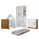 Quarto de Bebê Berço Mini Cama, Cômoda 1 Porta 4 Gavetas e Roupeiro Flocos 3 Portas 2 Gavetas