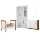 Quarto de Bebê Berço Mini Cama, Cômoda Porta 4 Gavetas Life e Roupeiro Flocos 3 Portas 2 Gavetas