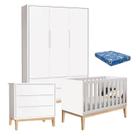 Quarto de Bebê Classic 3 Portas com Colchão e Cômoda Gaveteiro Branco Pés Madeira Natural - Reller