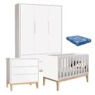 Quarto de Bebê Classic 3 Portas com Colchão e Cômoda Gaveteiro Branco Pés Madeira Natural - Reller