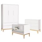 Quarto de Bebê Classic 3 Portas e Cômoda 6 Gavetas Branco com Pés Madeira Natural - Reller
