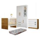 Quarto de Bebê com Berço com Colchão, Cômoda 1 Porta 4 Gavetas e Roupeiro Flocos 3 Portas 2 Gavetas