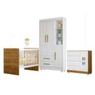 Quarto de Bebê com Berço com Suporte, Cômoda 1 Porta 4 Gavetas e Roupeiro Flocos 3 Portas 2 Gavetas