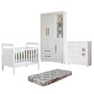 Quarto de Bebê com Berço Mini Cama, Cômoda 1 Porta 4 Gavetas e Roupeiro Flocos 3 Portas 2 Gavetas
