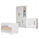 Quarto de Bebê com Berço Mini Cama, Cômoda 1 Porta 4 Gavetas e Roupeiro Flocos 3 Portas 2 Gavetas