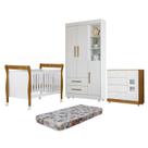 Quarto de Bebê com Berço Mini Cama, Cômoda 1 Porta 4 Gavetas e Roupeiro Flocos 3 Portas 2 Gavetas