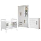 Quarto de Bebê com Berço Mini Cama, Cômoda 1 Porta 4 Gavetas e Roupeiro Flocos 3 Portas 2 Gavetas