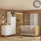 Quarto de Bebê com Berço Mini Cama e Roupeiro com Cômoda QEncanto Slim Freijó Branco Acetinado Qmovi e Colchão Gazin