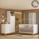 Quarto de Bebê com Berço Mini Cama e Roupeiro com Cômoda QEncanto Slim Freijó Branco Acetinado Qmovi e Colchão Gazin