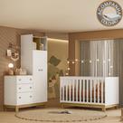 Quarto de Bebê com Berço Mini Cama e Roupeiro com Cômoda QEncanto Slim Freijó Branco Acetinado Qmovi e Colchão Ortobom
