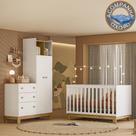 Quarto de Bebê com Berço Mini Cama e Roupeiro com Cômoda QEncanto Slim Freijó Branco Acetinado Qmovi e Colchão Ortobom
