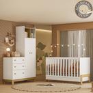 Quarto de Bebê com Berço Mini Cama Fantasia e Roupeiro com Cômoda QEncanto Slim Freijó Branco Acetinado Qmovi e Colchão Gazin