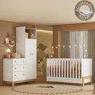 Quarto de Bebê com Berço Mini Cama Fantasia e Roupeiro com Cômoda QEncanto Slim Freijó Branco Acetinado Qmovi e Colchão Ortobom
