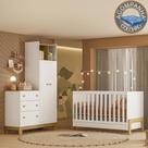 Quarto de Bebê com Berço Mini Cama Fantasia e Roupeiro com Cômoda QEncanto Slim Freijó Branco Acetinado Qmovi e Colchão Ortobom