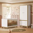 Quarto de Bebê com Berço Mini Cama Slim e Guarda Roupa Flora Branco Freijó Qmovi