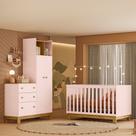 Quarto de Bebê com Berço Slim e Guarda Roupa com Cômoda Flora Rosa Qmovi