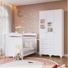 Quarto de Bebê com Guarda Roupa 3 Portas com Janelas e Berço Americano Nina 100% MDF Espresso Móveis Branco/Brilho