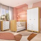 Quarto de Bebê com Guarda Roupas 3 Portas Cômoda e Berço com Rodizio Mimo 100% MDF Espresso Móveis Branco Brilho/Amêndoa