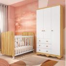 Quarto de Bebê com Guarda Roupas 3 Portas e Berço com Rodízio Mimo 100% MDF Branco/Brilho/Amêndoa