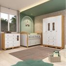 Quarto de Bebê com Guarda-roupas 4 Portas Cômoda com Janelas e Berço 100% Mdf Aurora Espresso Móveis Branco Brilho/Amêndoa