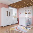 Quarto de Bebê com Guarda-roupas 4 Portas Cômoda com Janelas e Berço 100% Mdf Aurora Espresso Móveis Branco Brilho