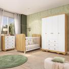 Quarto de Bebê com Guarda Roupas 4 Portas Cômoda e Berço com Rodizio Mimo 100% MDF Espresso Móveis Branco Brilho/Amêndoa