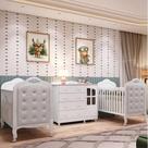 Quarto de Bebê Cômoda com Janelas e 2 Berços com Capitonê Maya Clássico 100% Mdf Espresso Móveis Branco Brilho/Branco