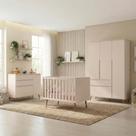 Quarto de Bebê Completo 3 Peças Berço Minicama 2 em 1, Cômoda e Guarda-Roupa Retrô 100% MDF Melinda Off White
