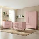 Quarto de Bebê Completo 3 Peças Berço Minicama 2 em 1, Cômoda e Guarda-Roupa Retrô 100% MDF Melinda Rosê