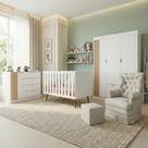 Quarto de Bebê Completo 5 Peças em MDF com Berço Americano, Guarda Roupa, Cômoda e Poltrona com Puff Ayla Branco