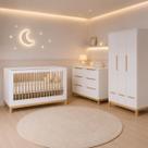 Quarto de Bebê Completo com Berço 2 em 1, Cômoda 3 Gavetas e Guarda Roupa 2 portas Tomi Branco com Carvalho Brinde Colchão Quarto de Bebê Completo com Berço 2 em 1, Cômoda 3 Gavetas e Guarda Roupa 2 portas Tomi Branco com Carvalho Brinde Colchão