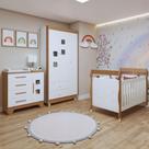 Quarto de Bebê Completo com Cômoda, Berço com Colchão e Guarda Roupas Mila Branco/Amadeirado