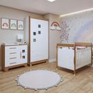 Quarto de Bebê Completo com Cômoda, Berço e Guarda Roupas Mila Branco/Amadeirado